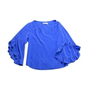 Alice & Trixie Cobalt Blue 100% Silk Ruffle Bell Sleeve Blouse Top Small